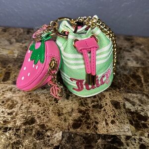 Juicy Couture Striped Green and Pink Bag with Strawberry Charm